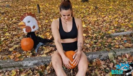 halloween pumpkin crushing with legs: Dolly and Kim