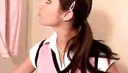 Naughty solo schoolgirl teen fingering her pussy