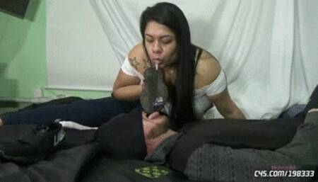 Loser swallowing spit on the sole of his sneaker by Mistress Beh # SD MOBILE