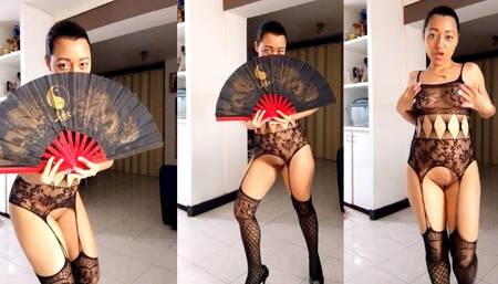 Asian in sexy lingerie does a dance, masturbates her pussy and loves thick and long cock