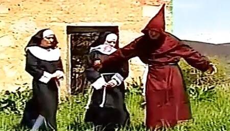 Two nuns love to fuck in threesome outdoor