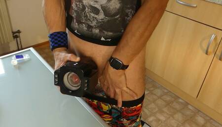 I try out a new, totally awesome masturbator, but my cock is almost too thick for it.