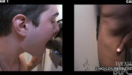 Black tricked jock sucked in gay gloryhole till cum in mouth