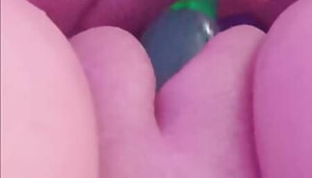 My boyfriend playing with my phat pussy with the little green monster  until I cu.