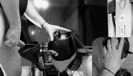 Halloween Scary Cumming and Pissing to Slave Slut Mouth Through a Funnel Gag