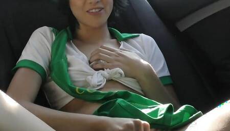 Petite girl licks his butthole while rubbing his tail