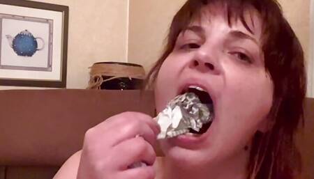 Newspaper Gag, Orgasm From Double Dildo and Vibrator