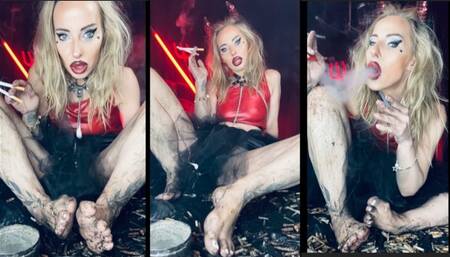 Devil queen chain smokes 2 black devil and 2 Marlboro 100 at once