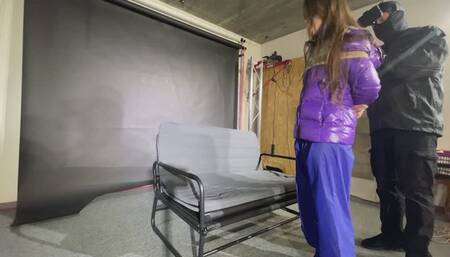 Marie Mueller bound and suspended in shiny nylon Downwear