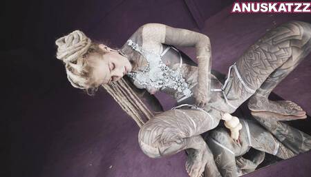 Tattoo model Anuskatzz anal play on mirror with dildo ass stretching sextoy riding goth emo punk fun