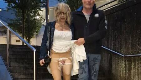 This is how you treat a sissy slut! Guy uses tranny brutally in public and cums on her face!