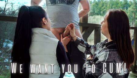 We Sucked Him Together on our Vacation - Public Threesome Blowjob