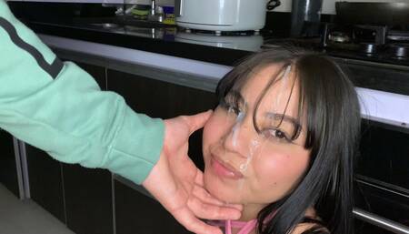 My roommate fuck me hard in the kitchen, he cumshot on my cute face