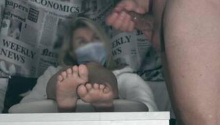 The impotent tried to jerk off limp dick on his girlfriend's feet but could not CFNM