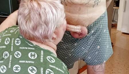 Stepmom gives a deep blowjob jerks off a dick to a cumshot