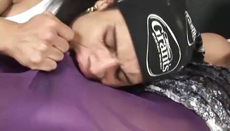 Brunette shemale with big tits gets fucked until cumshot on