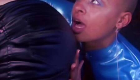 Ebony in leather fucked hard by two dudes