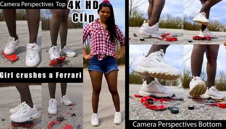 4K HD Clip | Ferrarie Crush Trample Destroy | 2 Camera Perspectives | Top | Bottom - Girl crushes a Ferrari with her stinky nylons Fila sneakers, she kicks very hard and turns Ferrari into scrap cars destroyed, kicked, trampled, crushed, smashed, crushed,