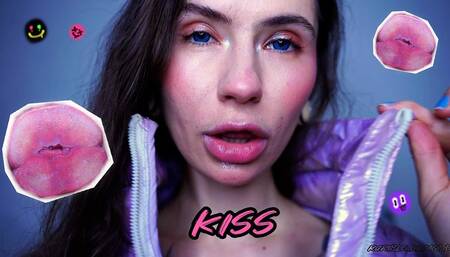 Glamour girl kiss with big shiny juicy lips + spit fetish