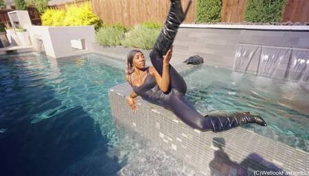 Noami gets Wet wearing a Sexy Jumpsuit, a Leather Jacket and Boots