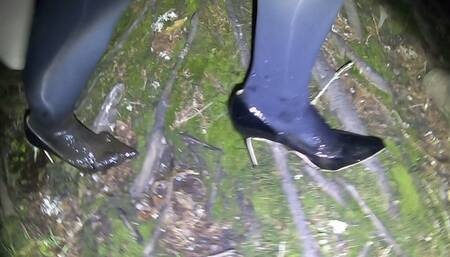 Black patent heels and brown wet mud