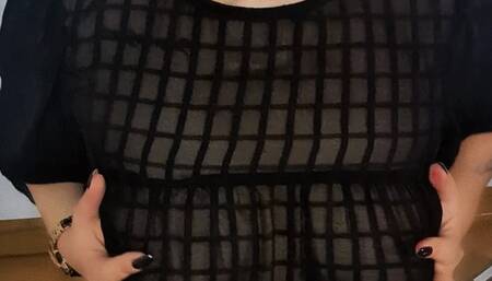 Sheer dress, sensual moves eye-contact and deep inhales