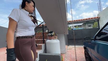 Kalinda starts and drives the car in riding clothes