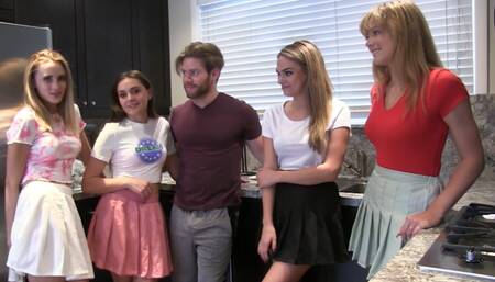 Four girls are in the pool sucking and riding on one lucky cock