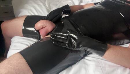 Big cock stroking in my latex mini chaps & jock
