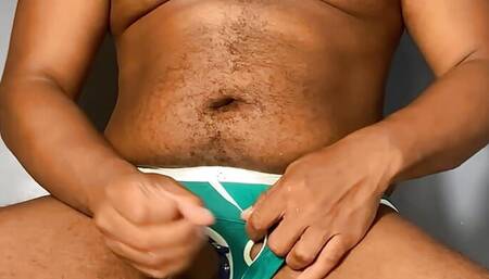 Black Man Jerking Off Until Shooting A Moaning Cumshot While Wearing Green Underwear