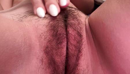 Close-up of wet hairy pussy, oh yeah jerk off to it