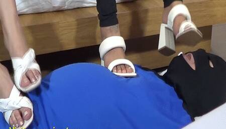 WHILE I ORDER SLAVE SNIFF MY SOLES SANDALS AND SUCK MY TOES YOU TEASE HIM WITH YOUR FEET