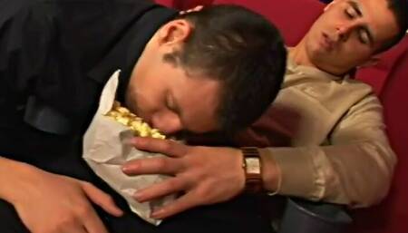 Short Haired Muscular Stud Invites Young Curious Guy James Jones to Taste His Pop Corn and Big Meat