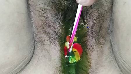 My boyfriend gave me a solid candy lollipop which makes me want to masturbate with it