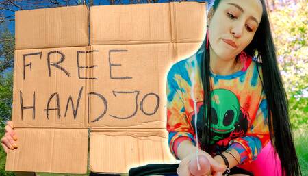 Brunette Hippie Jerks Me Off for Free in a Tent