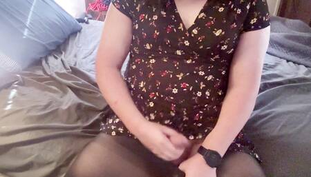 Trans Girl in a Short Dress and Pantyhose Masturbating