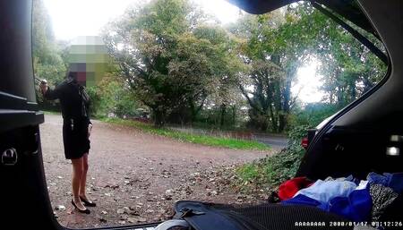 Cross dresser in car park risky flash and wank to passing cars, nearly caught