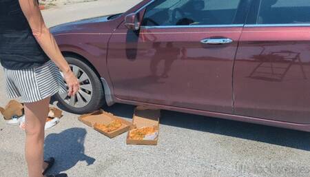 Fifi drives over a huge amount of restaurant food with her car *new*