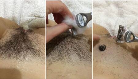 POV Girl shaves her POV close-up. Imagine that you are shaving your.  Girl shaves pubis