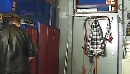 Mature German slut dominated by her master in the workshop