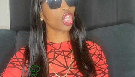 Burps to face Luscious red lips leather skirt Goddess