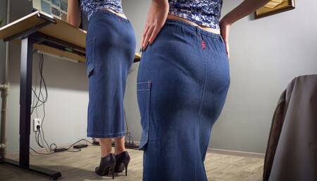 Milf Secretary In Jean Skirt Teases Visible Panty Line