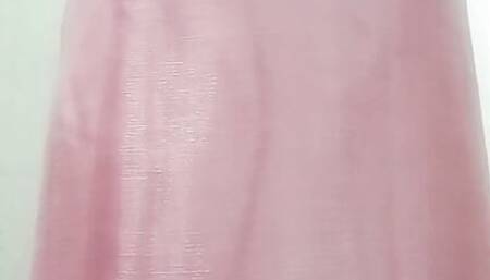 Indian Gay Crossdresser Gaurisissy pressing and playing with her big boobs in pink saree looking like a horny housewife
