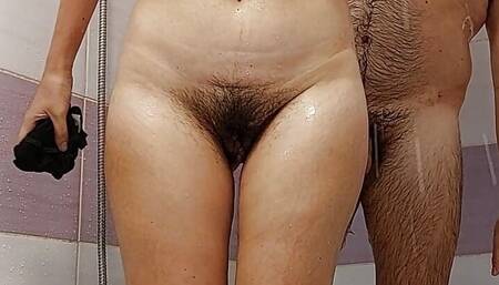 Amateur couple bath wife pussy hair, big ass, big tits. Brunette hair pussy