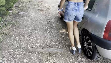 Lou drives with white wedge sandals