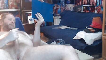 Masturbating from the bed to the Chair but interrupted at the end by cat off screen.