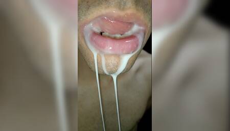 Cum in my mouth, play with your cum, and swallow it, close-up, naughty gay, tongue, sloopy