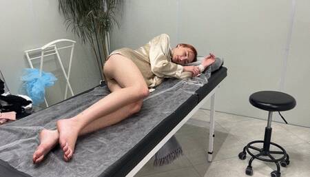 The girl went to the hospital with a sprained ankle, she has to bandage her leg herself in the morning and do her morning chores with a sore leg