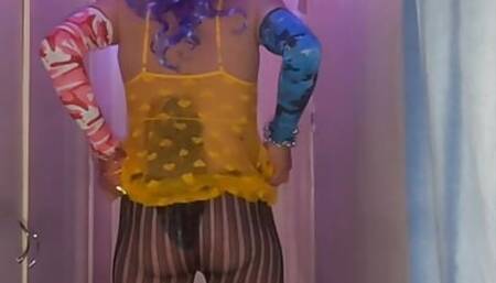 Yellow Suit and Sexy Pantyhose Teasing Above Ground View