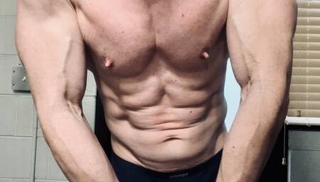 Up close muscle flexing with ab punches and nipple play HD